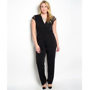 H.B.G.B. Womens Wrap Front Jumpsuit Lace Cap Sleeves Black Plus Size 1X